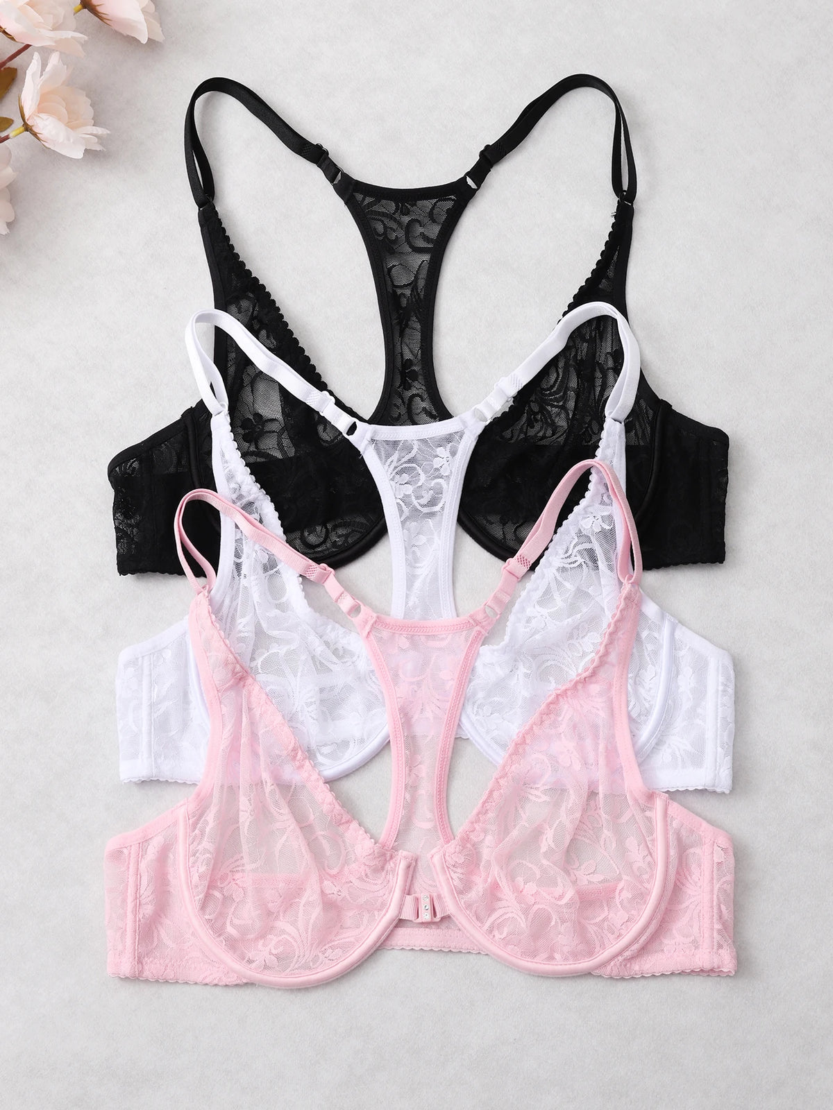 Front Button Women's Bra Lace Sheers Unpadded Sexy Lingerie BH Tops Flower Knitting Brassiere Underwire Underwear Plus Size Bras