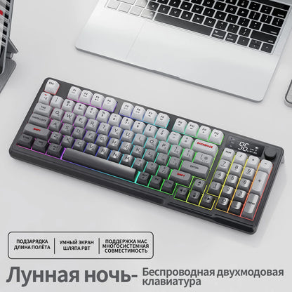FREEWOLF M96 Wireless Dual Mode Gaming Keyboard with Smart Screen, 96-Key PBT RGB Backlight, Bluetooth, Media Knob, Ergonomics
