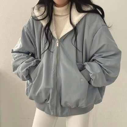 Lucyever Two-Sided Wear Fleece Warm Jacket Women Autumn Winter New Zipper Hooded Parkas Coat Female Loose Thick Thermal Outwear