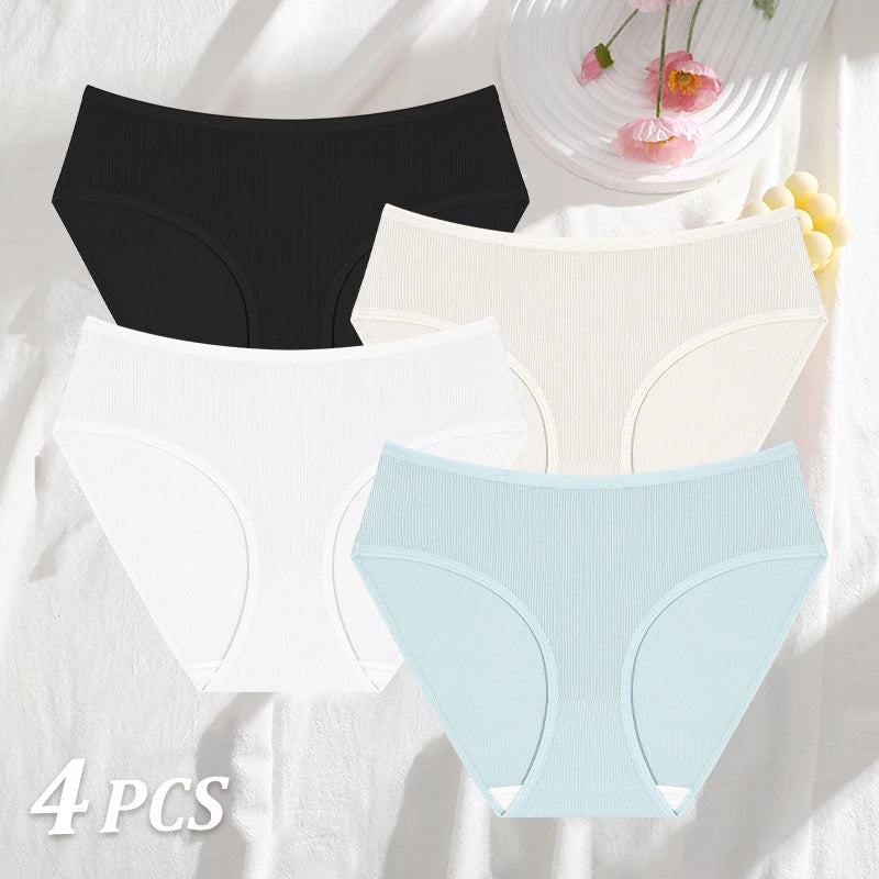 4PCS/SET Striped Ribbed Panties Set Women Mid Waist Breathable High Elastic Comfortable Sports Briefs Solid Color Daily Lingerie