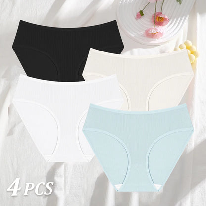 4PCS/SET Striped Ribbed Panties Set Women Mid Waist Breathable High Elastic Comfortable Sports Briefs Solid Color Daily Lingerie