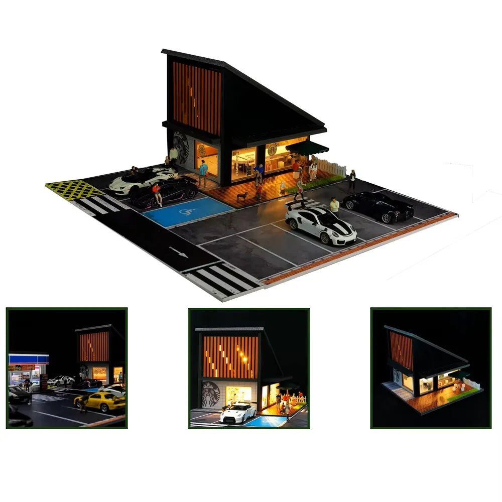 1/64 Scale Miniature LED Lighted Car Garage Diorama Model Realistic Parking Lot Scene Collectible Display for Enthusiasts