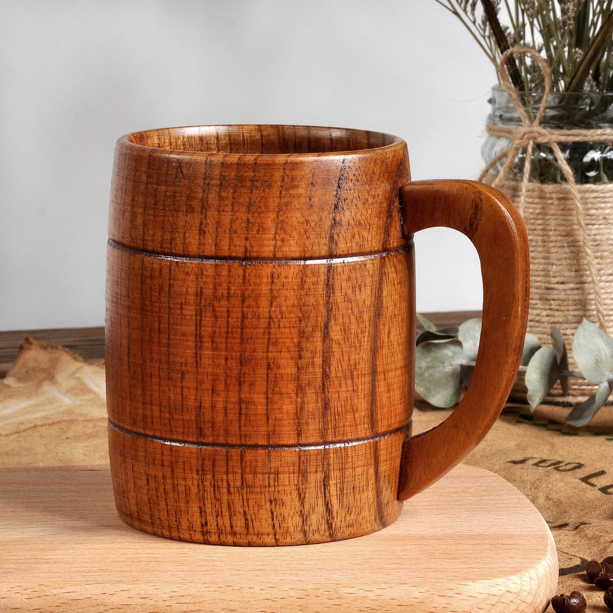 320ml Handcrafted Wooden Coffee Mug Natural Drinkware Cup Vintage Solid Wood Beer Mug with Handle Eco-Friendly Cup