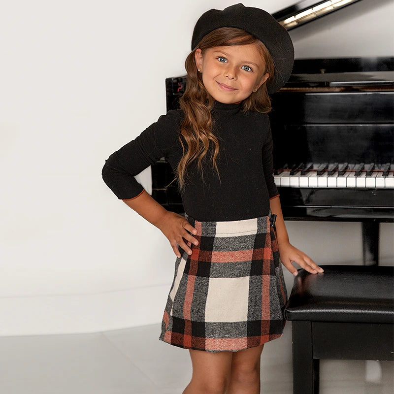 Ali-Plus Family Clothes Set Black Cotton Mousse Cashme Plaid Girl Dress Vest Shirt Black Mock Neck Top Plaid for Autumn Children