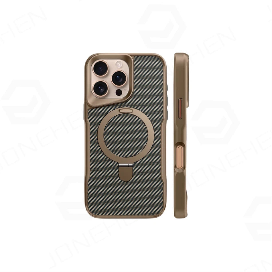 Luxury For Magsafe Shockproof Frame Armor Case For iPhone 13 15 12 14 16 17 18 Pro Max Metal Bracket Carbon Fiber Pattern Cover