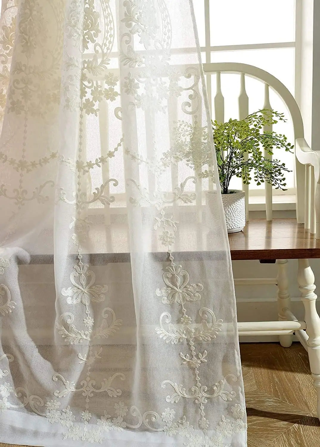 White European Sheer Voile Curtains Drapes Floral Embroidered Design Rod Pocket Top for Living Dining