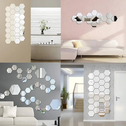 3D Hexagon Adhesive Decals Hexagon Shape Mirror Wall Stickers for Living Room DIY Mirror Wall Mural Modern Art Home Decor 6/12Pc