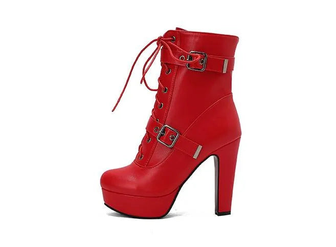 Women Punk Style Lace-Up Ankle Boots Belt Buckle Platform High Heels Short Boot Female White Autumn Winter Round Toe Shoes 2025
