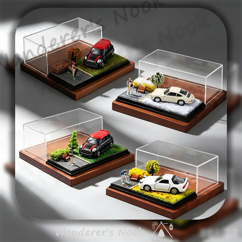 New 1:64 Car Model Scene Display Box Trendy Model Ornament Spring Summer Autumn Winter Four‑Season Grass Base Home Decorations