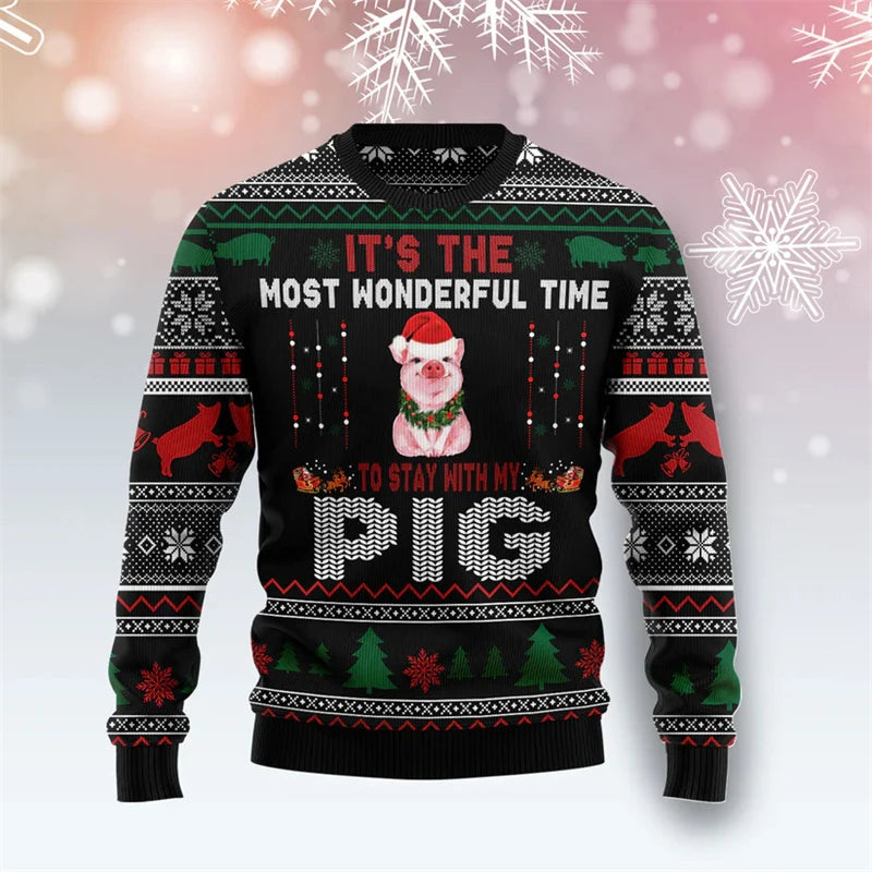 Cute Pink Pig Graphic Ugly Christmas Sweater Men 2026 Merry Christmas Long Sleeve Pullovers Tops Family Festival Sweatshirts