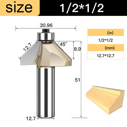 Tideway 45 Deg Bevel Edge Forming Chamfer Router Bits with Bearing Chamfering CNC Wood Cutting Tools Woodworking Milling Cutter