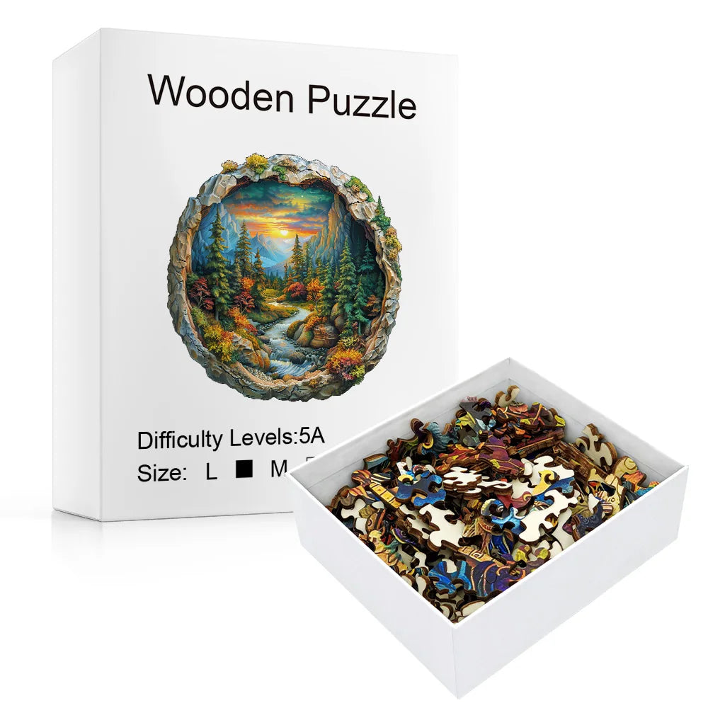 3D Wooden Circular Puzzle - Green Forest Sunset Scene, Family Game Activities, Wooden Home Decoration Gifts