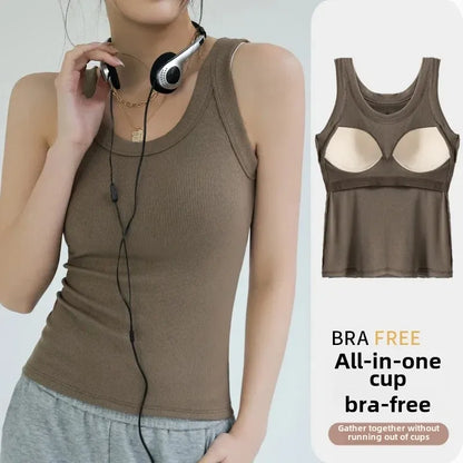 Seamless Built-in Bra Tank Top for Women Wirefree Sports Bra Summer Sleeveless Shirt, Breathable Workout Vest with T-Shirt Combo
