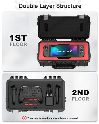 Waterproof Hard Travel Case for Nintendo Switch 2 Console, 2 Pro Controllers, 16 Game Cards and Other Accessories