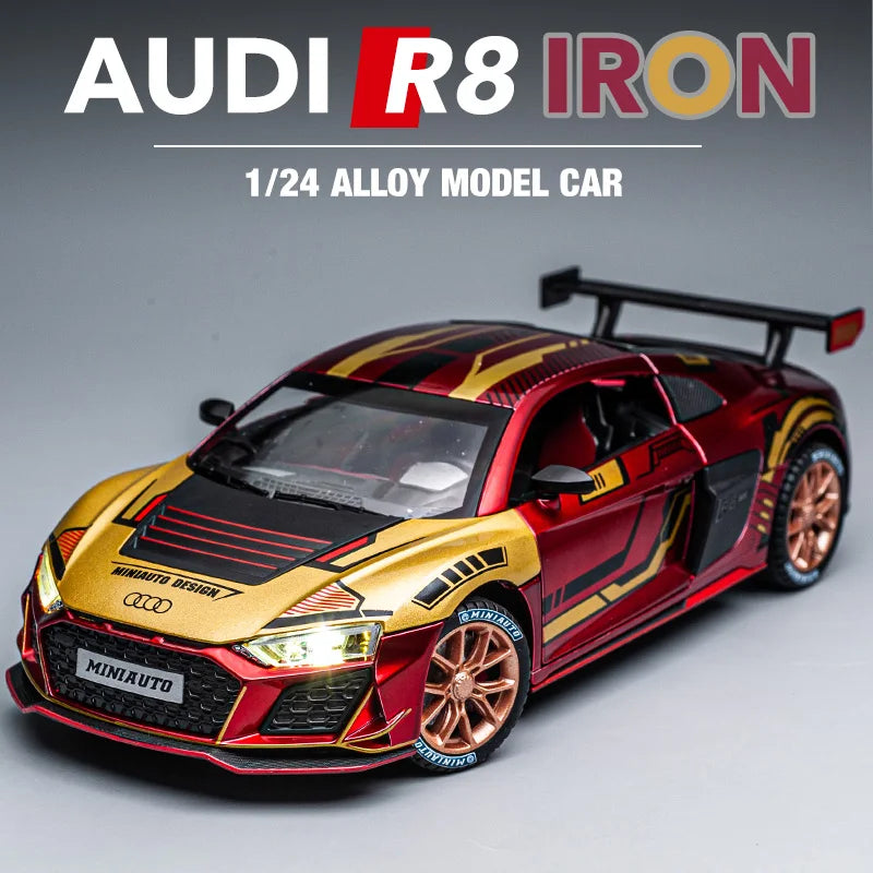 1/24 Audi R8 V10 Racing Car Toy For Children 1:24 Diecast Metal Miniature Model Pull Back Sound & Light Collection Gift For Boys