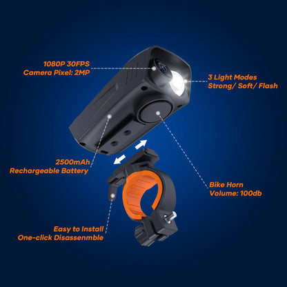 1080P Cycling Camera 30FPS Bicycle Camera Motorcycle Camera Rainproof with LED Flashlight Bike Horn Build-in Battery for Outdoor