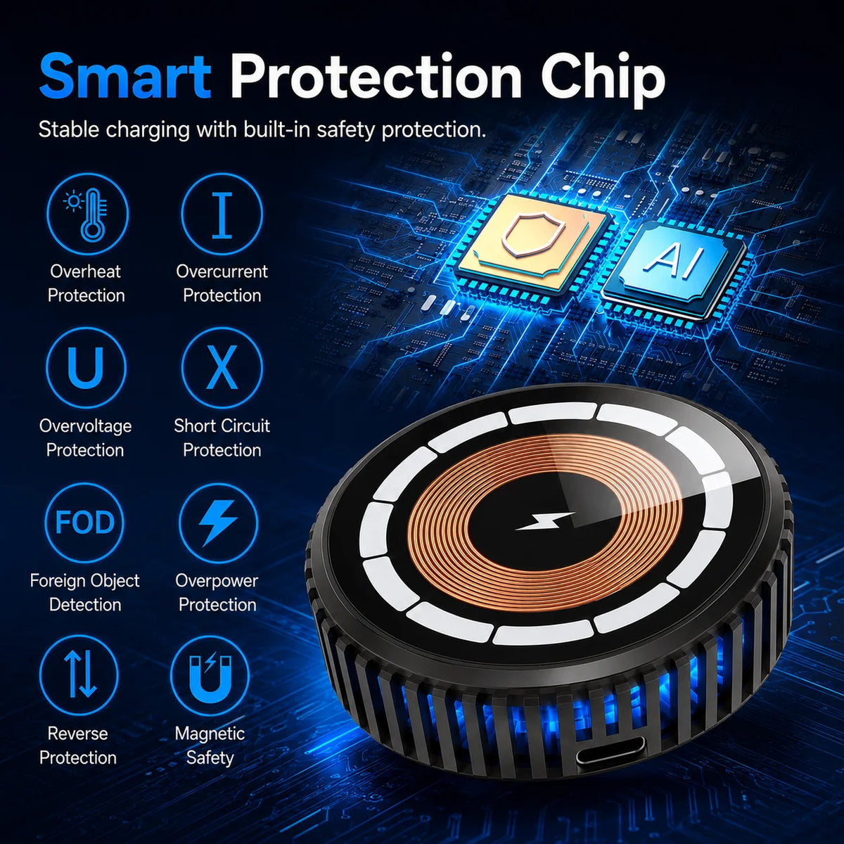 15W Magnetic Wireless Charger with Cooling Fan, Type C Pad for iPhone 17 16 15 14 and Samsung Galaxy S26 S25 with Magnetic Case