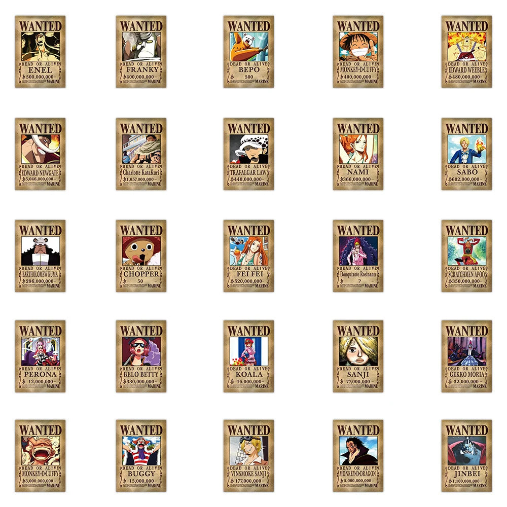 10/30/56PCS Small Anime One Piece Wanted Posters Stickers Cool Cartoon Decal Laptop Diary Phone Decoration Wall Graffiti Sticker