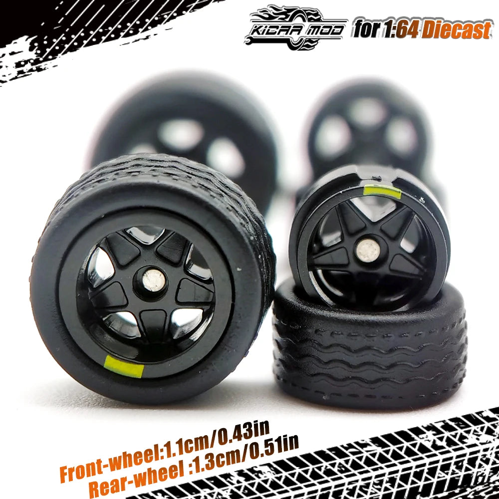 1/64 Model Car Wheels with Rubber Detachable Tires Pentagram Spoke Refitting Parts for Matchbox D:11mm+13mm 1 Set