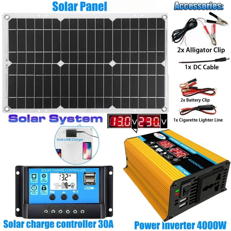 6000W Solar Inverter Kit Complete Power Generation 600W Solar Panel 110V/220V System 12V Solar Panel Battery Charging Controller