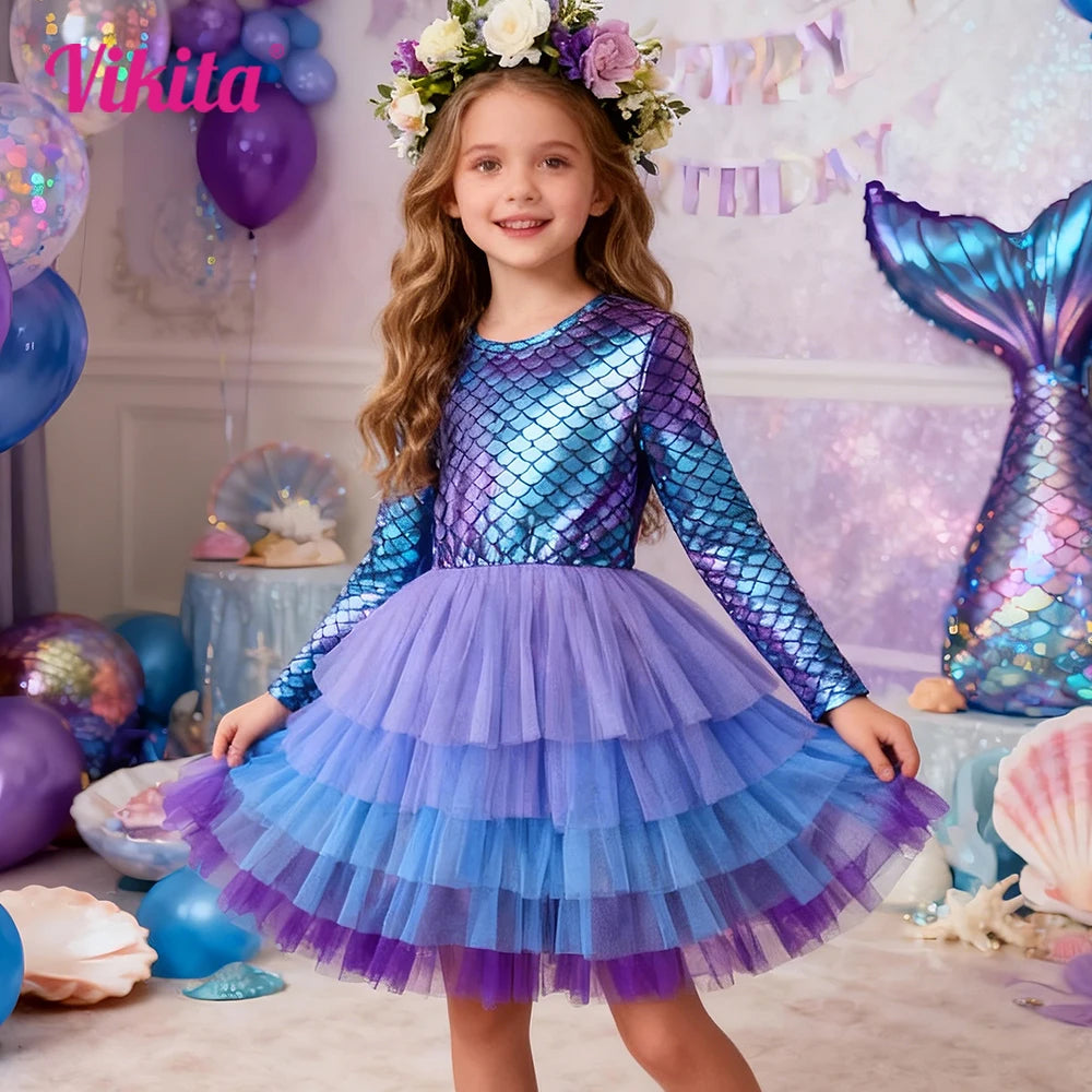 VIKITA Girls Mermaid Print Dress Kids Layered Mesh Tulle Cake Ball Gown Tutu Dresses Girl Party Performance Princess Dress 3-12Y