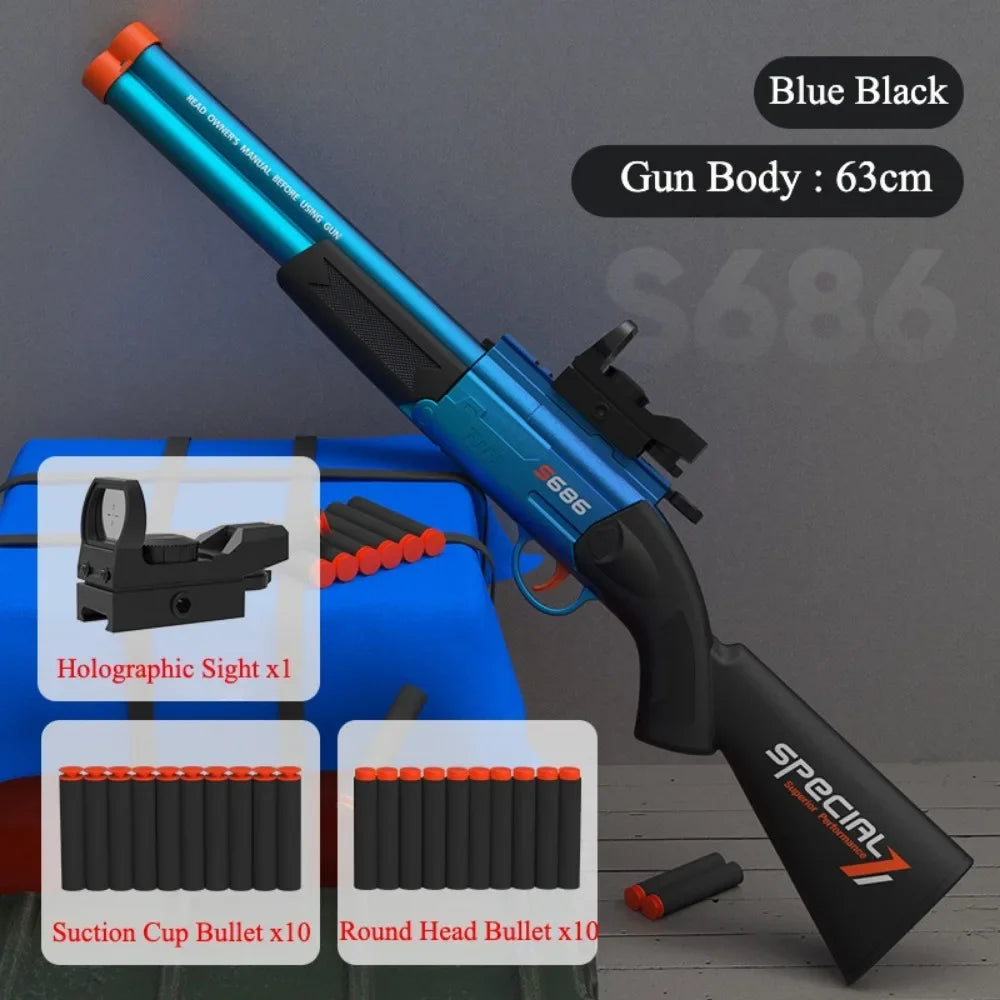 S686 Double Barrel Shotgun Toy with Scope & Soft Bullets Manually Loaded Gun Outdoor Hunting Shooting Game Christmas Gift