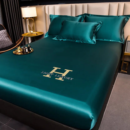 High-end Satin Fitted Sheet with Elastic Band Solid Color Silky Bed Sheet Smooth Non-Slip Mattress Cover Bedspreads Bed Linen