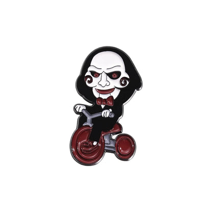 Horror Movie Jigsaw Billy Mechanical Puppet Enamel Pin Clown On Bicycle Halloween Brooch Lapel Badge Jewelry Gift For Friends