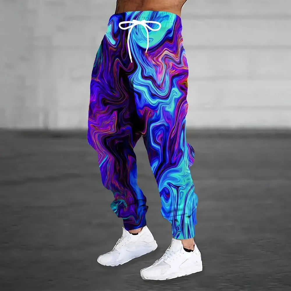 Winter New Thick Warm Pants Fashion 3D Geometric Pattern Printed Sweatpants Men Loose Casual Pocket Drawstring Sweatpants