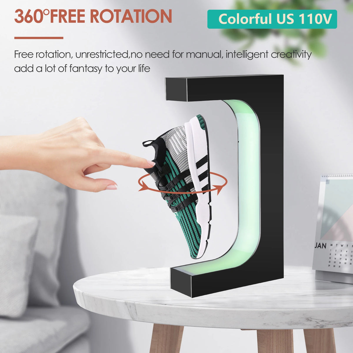 Double Headed Shoe Display Magnetic Levitating Sneaker Rack With Colorful Lights 360 Degree Rotation Remote Controlled Shoe Rack