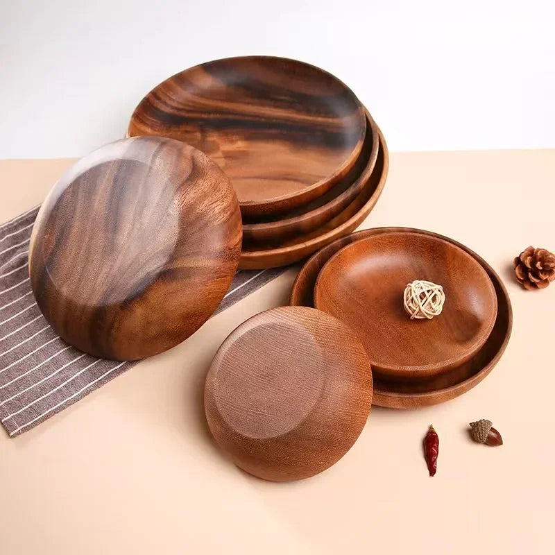 Wood Round Fruit Dish Household Dim Sum Fruit Salad Dish Baby Fall Proof Wooden Bowl Whole Japanese Acacia Wood Thickened Dish