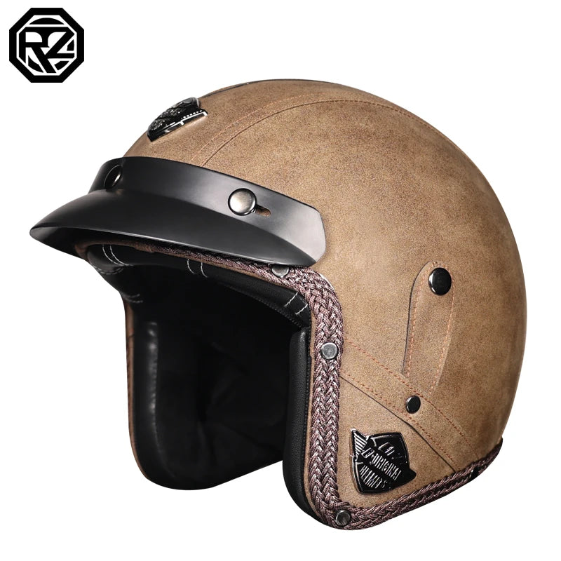 ORZ New PU Leather 3/4 Retro Cruising Motorcycle Helmet Summer Scooter Half Helmet with Mask Windshield DOT Approval
