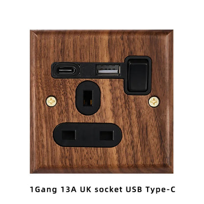 Black walnut wood retro British light switch socket, bedside wall lamp switch LED dimmer, pure wood brass toggle switch board