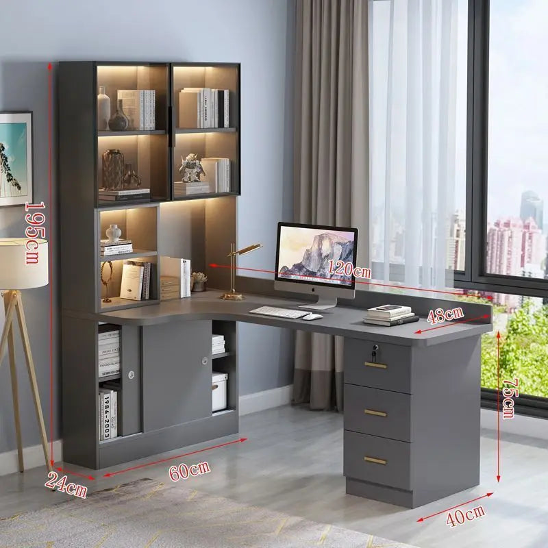 Writing Study Desk Integrated Bookshelf L-Shaped Computer Desk Bookcase Luxury Home Bedroom Office Computer Desk with Drawers
