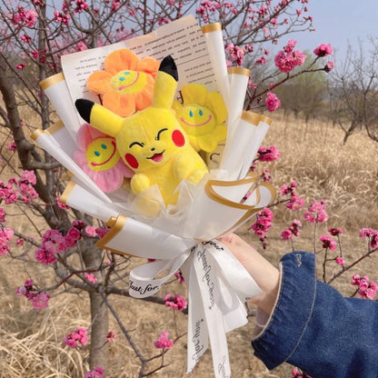 Genuine Winnie The Pooh Stitch Pikachu Plush Dolls With Sunflowers Creative Flower Bouquets Christmas Birthday Gifts For Girls