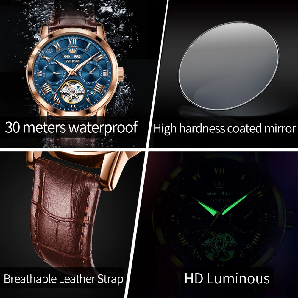 OLEVS 6668 Top Brand Men's Watches Trend Fashion Automatic Mechanical Wristwatch Leather Strap Waterproof Luminous Watch for Man