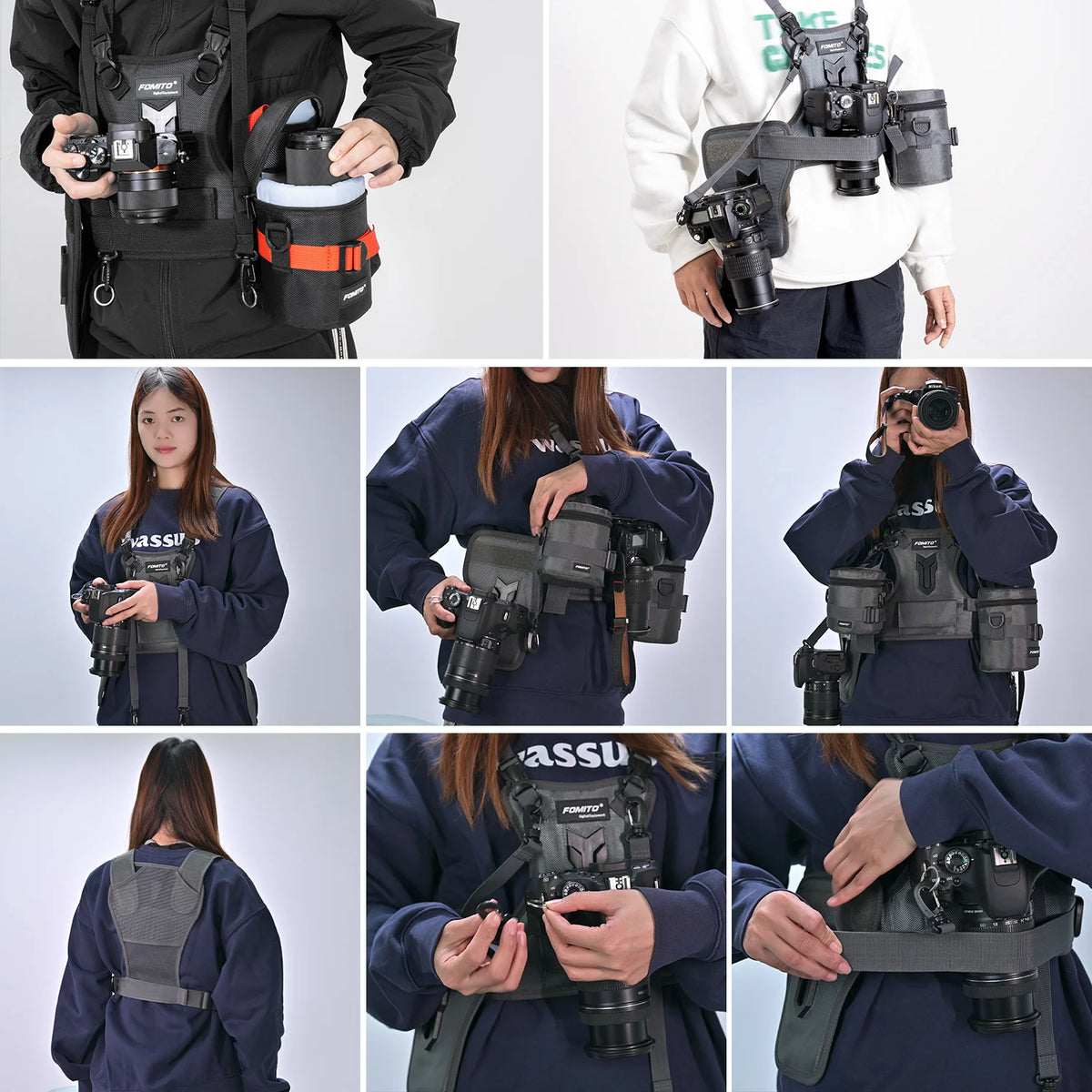 FOMITO Dual Camera Harness Multi Carrying Chest Vest System with Side Holster for Canon Nikon Sony Olympus DSLR Camera