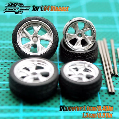 Kicarmod 1/64 Model Car ABS Wheels with Rubber Tire Metal Rims Front Small Rear Large Refitting Parts For Model Car