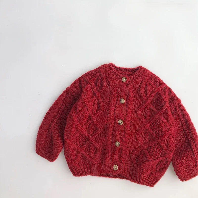Vintage Cable Knit Toddler Girl Cardigan Red Metal Button Crew Neck Sweater 1-6Y Girls Autumn Winter Warm Knit Outerwear