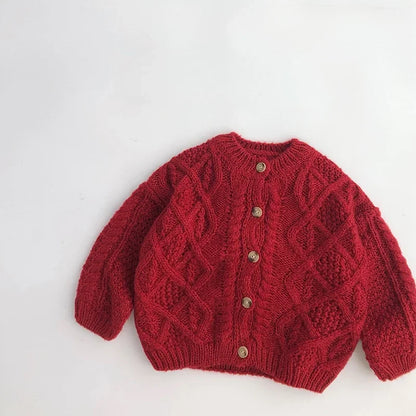 Vintage Cable Knit Toddler Girl Cardigan Red Metal Button Crew Neck Sweater 1-6Y Girls Autumn Winter Warm Knit Outerwear