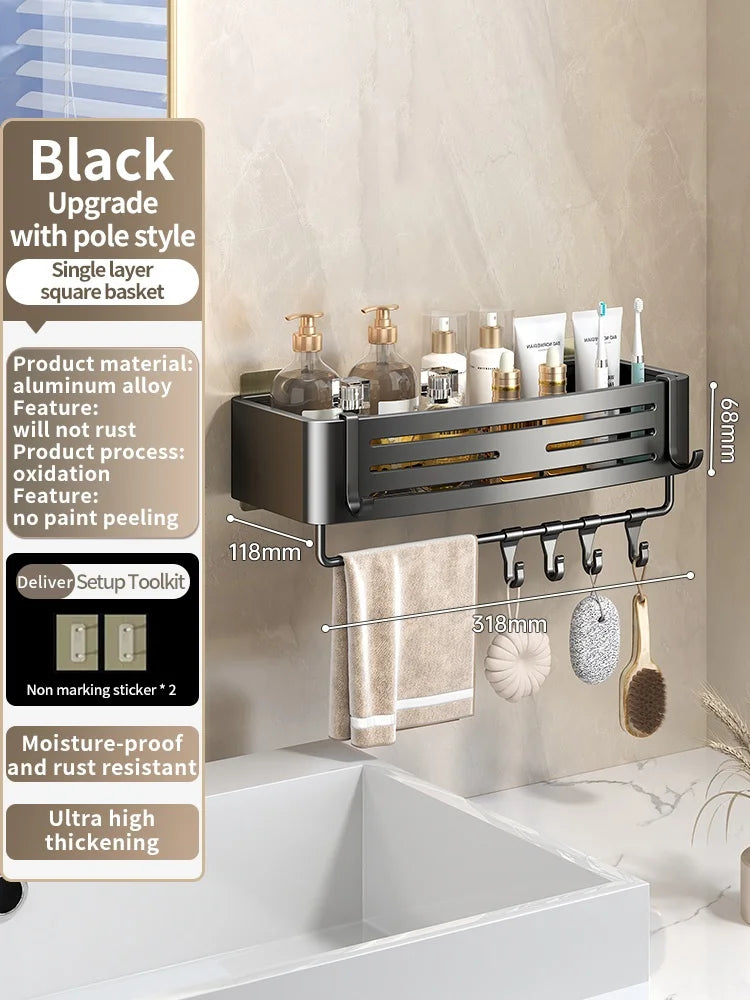 No Need To Drill Wall for Installation Aluminum Bathroom Shelf Shelves Shampoo Rack Storage Holder Kitchen Organizer Wall Rack