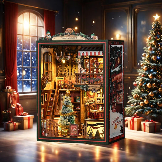 NEW DIY Book Nook Wooden Miniature Model Kits Christmas Shop Bookend 3D Puzzle With Light Bookshelf for Friends Birthday Gifts