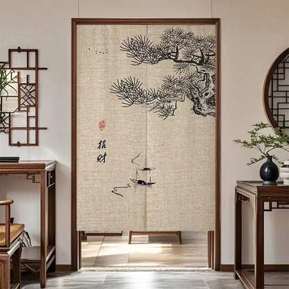 VIKAMA Chinese Zen Style Noren Door Curtain - Linen Texture Noren Curtain for Home Bedroom Kitchen Partition Decor