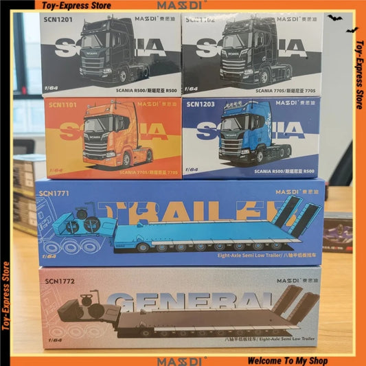 Massdi Scania Diecast Car Model 1/64 Truck Head Eight-Axle Semi Low Trailer Alloy Static Simulation Collectible Vehicle Gift Box