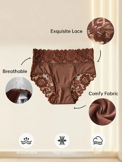 3pcs Women's High-Waist Briefs Lace Trim Soft Breathable Underwear, Solid Color Panties Suitable for All Seasons, Daily Wear