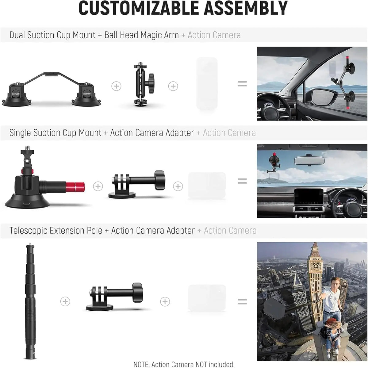 NEEWER Triple Suction Cup Car Mount Kit with Action Camera Adapter,2in1 Extension Pole Selfie Stick For GoPro Insta360 CA065
