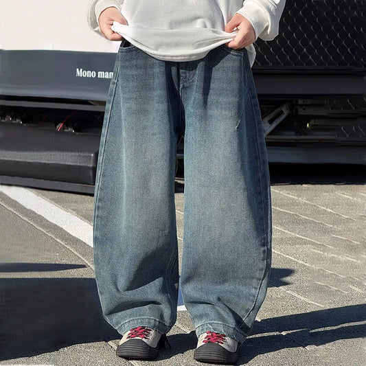 5-14Y Boys Jeans 2026 New Wide Straight Leg Denim Pant Children's Spring Autumn Big Children's Handsome Cotton Sports Pants