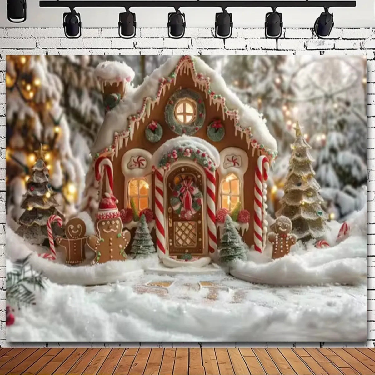 Gingerbread House Christmas Hanging Cloth: Sweet Ginger Man & Christmas Fairy Tale with Dreamy Snow Scenery Background cloth