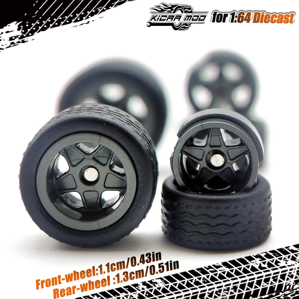 1/64 Model Car Wheels with Rubber Detachable Tires Pentagram Spoke Refitting Parts for Matchbox D:11mm+13mm 1 Set