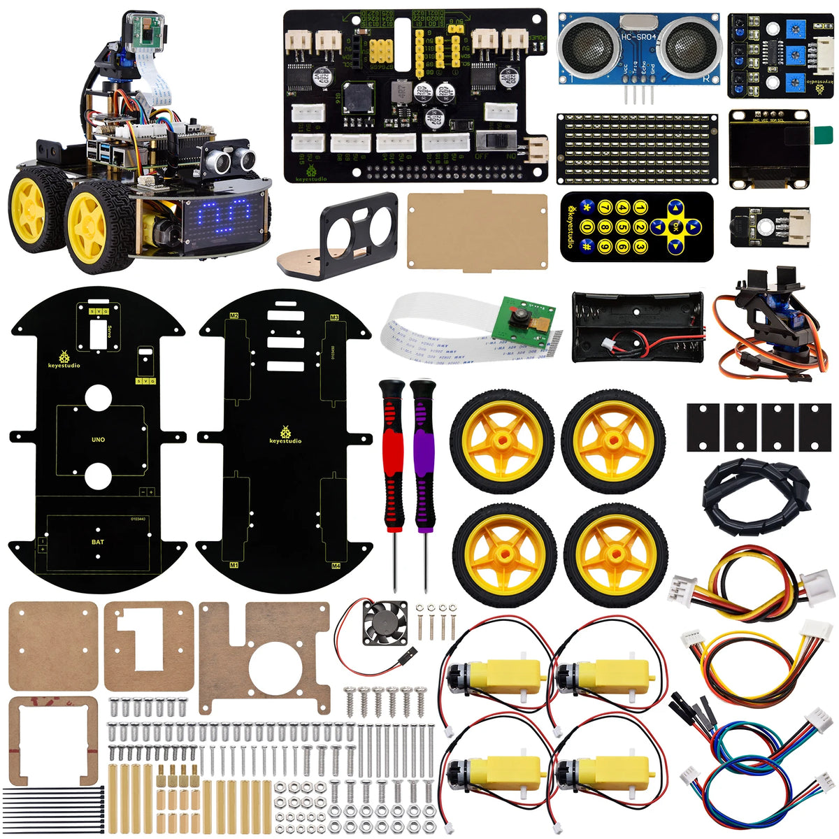 Keyestudio 4WD Smart Robot Car Kit For Raspberry Pi With Megapixels Camera Module and Programming Tutorials( No RPI 4B Board)